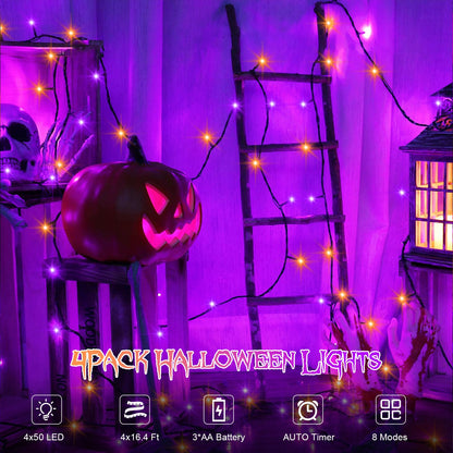 4 Pack Orange Purple Halloween String Lights Battery Operated, Each 16.4Ft 50 LED Indoor Halloween Lights with Timer 8 Modes for Party Yard Patio Decoration