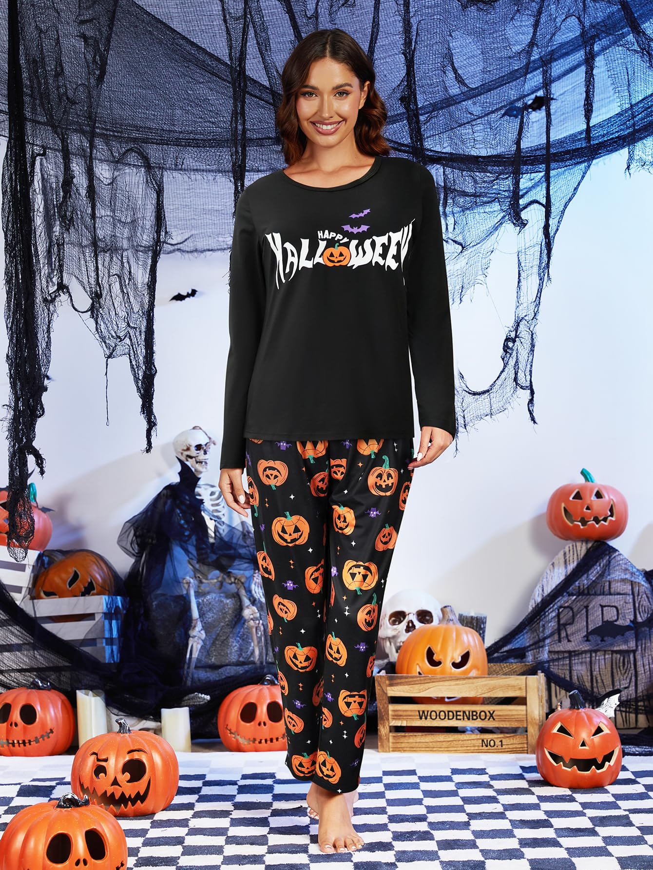 VENTELAN Women's Halloween Pajama Set Soft Lounge Sets Long Sleeve Sleepwear Holiday 2 Piece Pjs Loungewear,Halloween Black,3XL