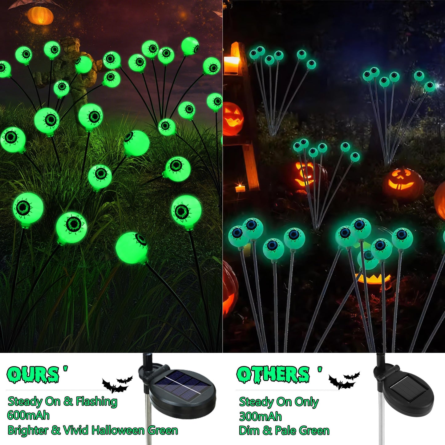 Brizled Solar Halloween Lights, 2 Pack Total 12 LED Green Halloween Eyeball Lights, 2 Modes Outdoor Green Eyeball Light, Swaying Outside Scary Pathway Light Waterproof for Garden Yard Lawn Path Decor
