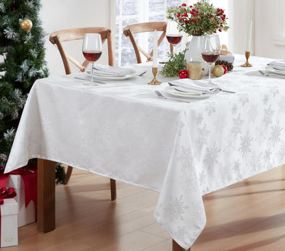 Newbridge Fancy Metallic Snowflake Christmas Fabric Tablecloth, 60 x 84 Inch Rectangle, White Silver, No-Iron Soil Resistant Sparkling Snowflakes Woven Holiday Table Cover