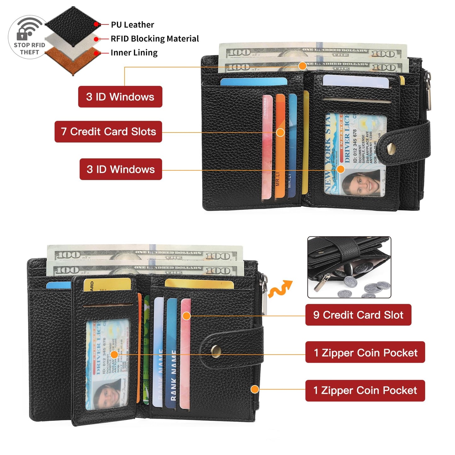 GOIACII Small Women's Wallet Ladies Credit Card Holder with 4 ID Windows & Zip Coin Pocket RFID Blocking Leather