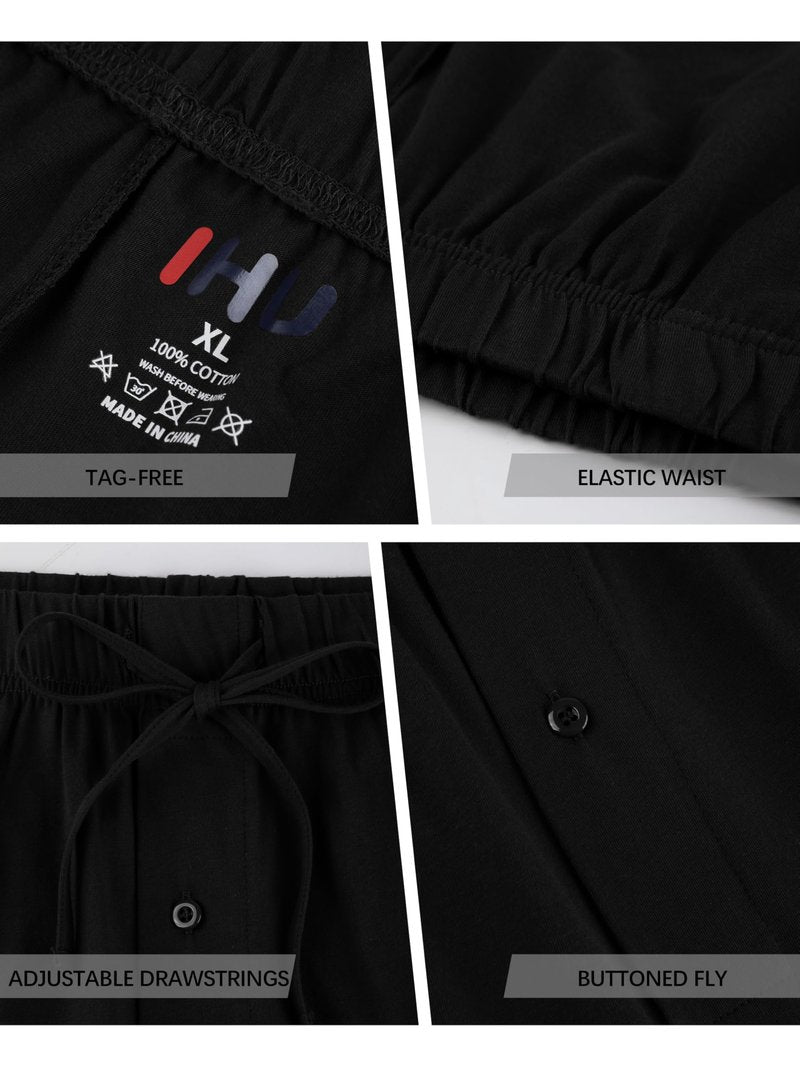 IHU 3 Pack Men's Cotton Pajama Shorts - Soft Sleepwear & Lounge Bottoms with Drawstring & Pockets Sleep Shorts for Men L Black, Navy, Gray