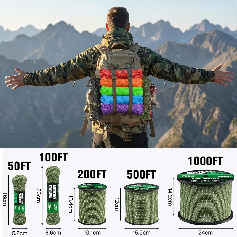 Reflective Paracord Rope - 750 lb Heavy Duty 50ft 12-Strand Parachute Cord | Army Green for Camping & Survival Gear