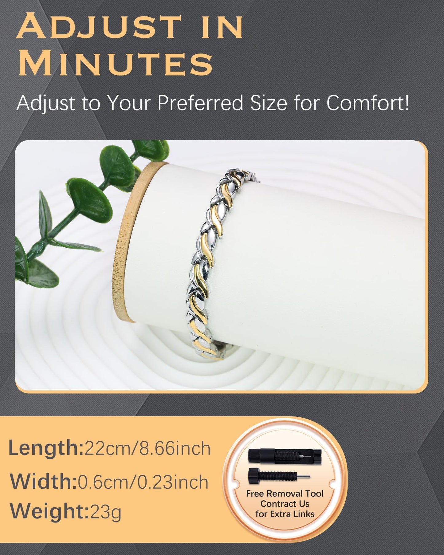 Jeracol Magnetic Bracelets for Women,Titanium Steel Ladies Magnetic Bracelets,Adjustable Wristband include sizing tool in Gift Box(Fish Tail Design-Silver Gold)