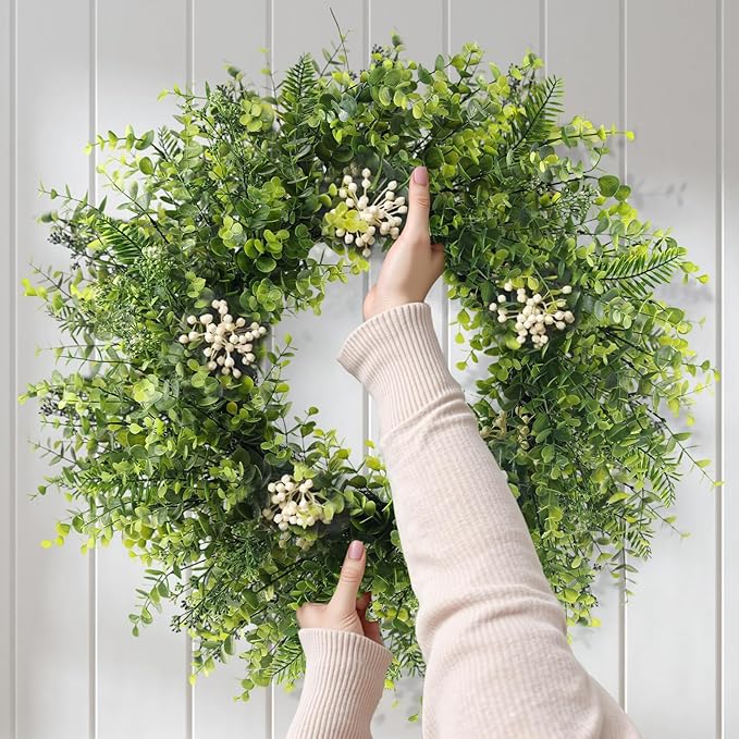 24 Inch Eucalyptus Wreaths for Front Door Decor– Artificial Greenery Front Door Wreath, Outdoor Wreaths for Front Door for Spring, Summer, Fall & All Seasons Home or Porch Decor