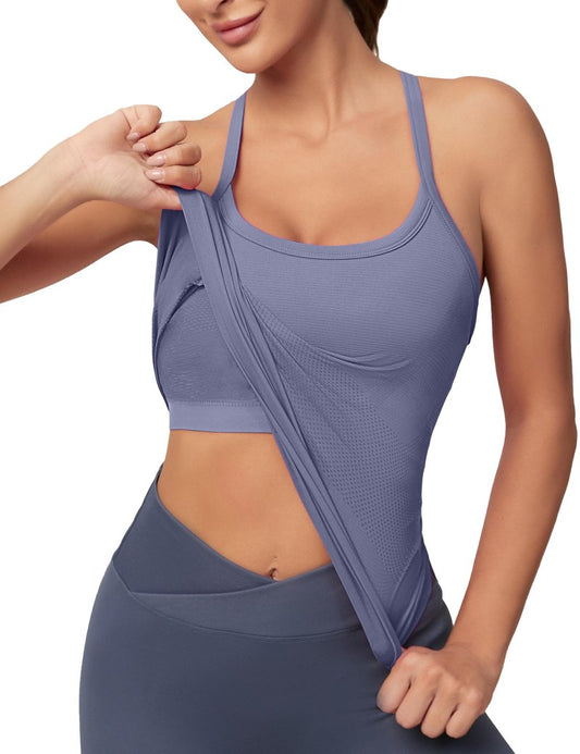 MathCat Workout Tank Tops for Women with Built in Bra, Sleeveless Gym Tops Seamless Racerback Athletic Yoga Shirts Light Grey Blue