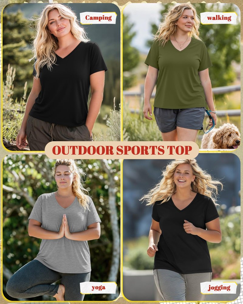 Neer 3 Pack Women's Plus Size T Shirts Short Sleeve V Neck Tops Solid Flat Hem Basic Loose Causal Tees(Black, Light Gray, Army Green,X-Large)