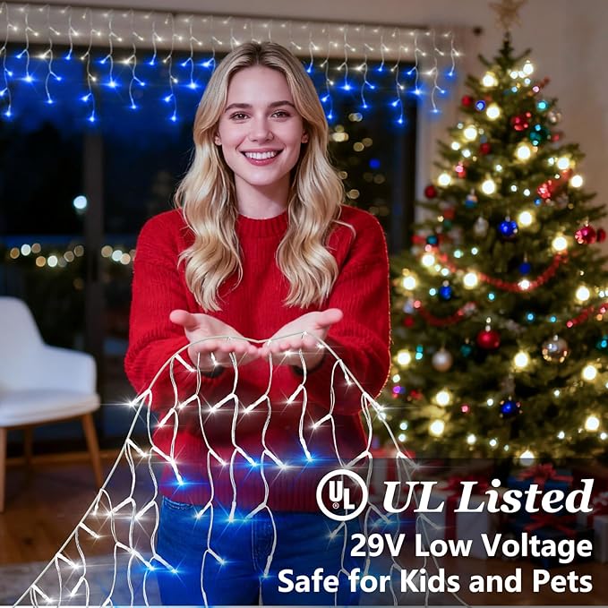 1332 LED 132ft Christmas String Lights Outdoor, 12 Modes Dimmable Curtain Lights with 296 Drops, Waterproof Fairy Lights with Timer for Bedroom Window Holiday Wedding Home Xmas Decor, Blue & White