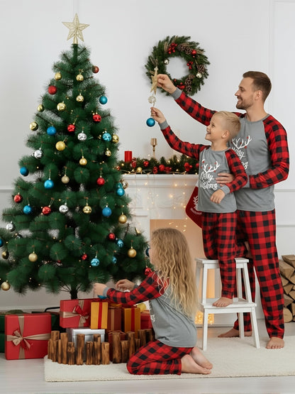 IFFEI Matching Family Pajamas Sets Christmas PJ's with Letter and Plaid Printed Long Sleeve Tee and Bottom Loungewear 6-7 Years Grey