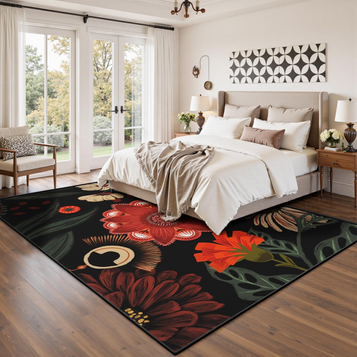 Tyrot Vintage Black Red Boho Floral Living Room Rug, 5x7 Rug Flat Woven Ultra-Thin Washable Botanical Area Rugs Non-Slip Low-Pile Carpet for Bedroom, Dining Room, Office, Kids Room