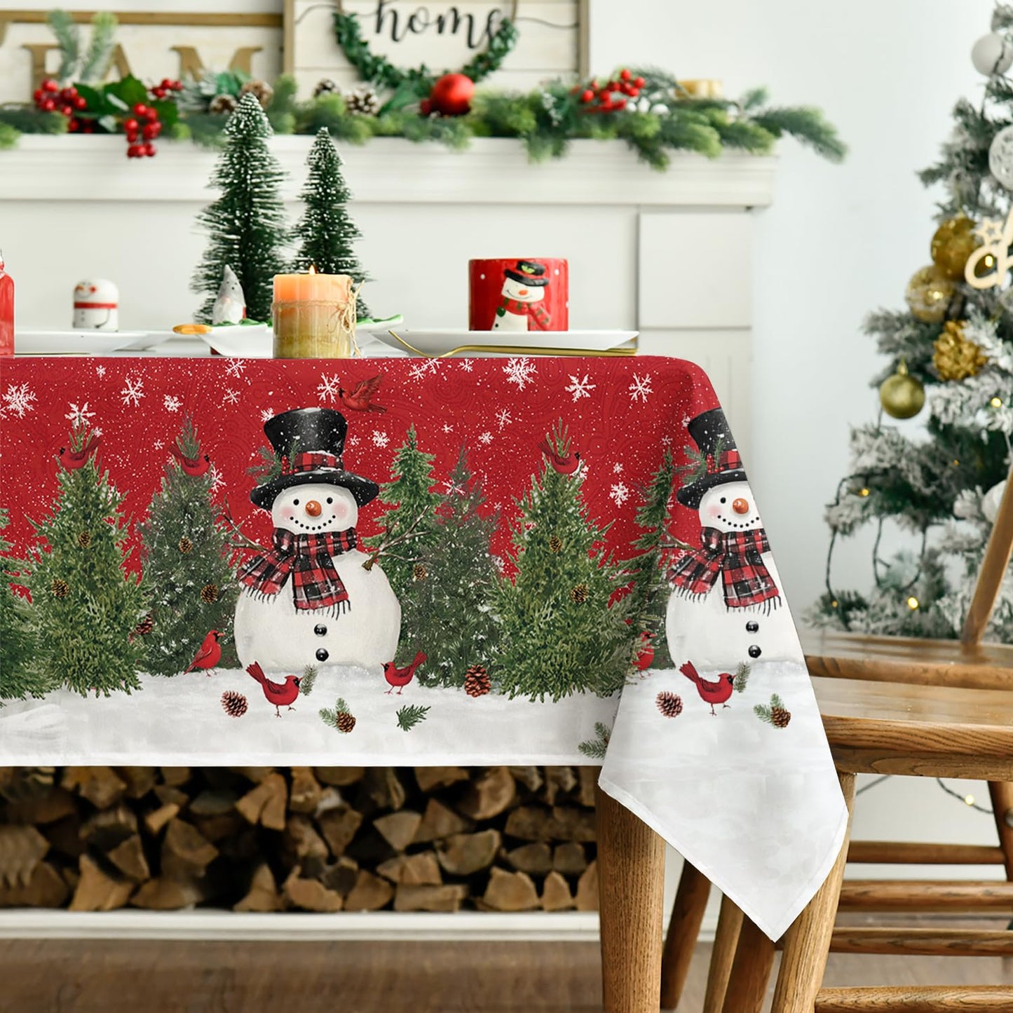 Horaldaily Christmas Tablecloth 60×84 Inch Rectangular, Winter Snowman Trees Red Washable Seasonal Table Cover for Party Picnic Dinner Decor