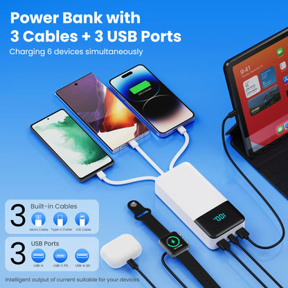 Portable Charger 50800mAh Power Bank with 3 Built in Cables,25W PD QC4.0 Fast Charging USB C Battery Pack,6 Outputs 2 Inputs Travel Essentials Portable Phone Charger for iPhone 17/16/15,Google,Android