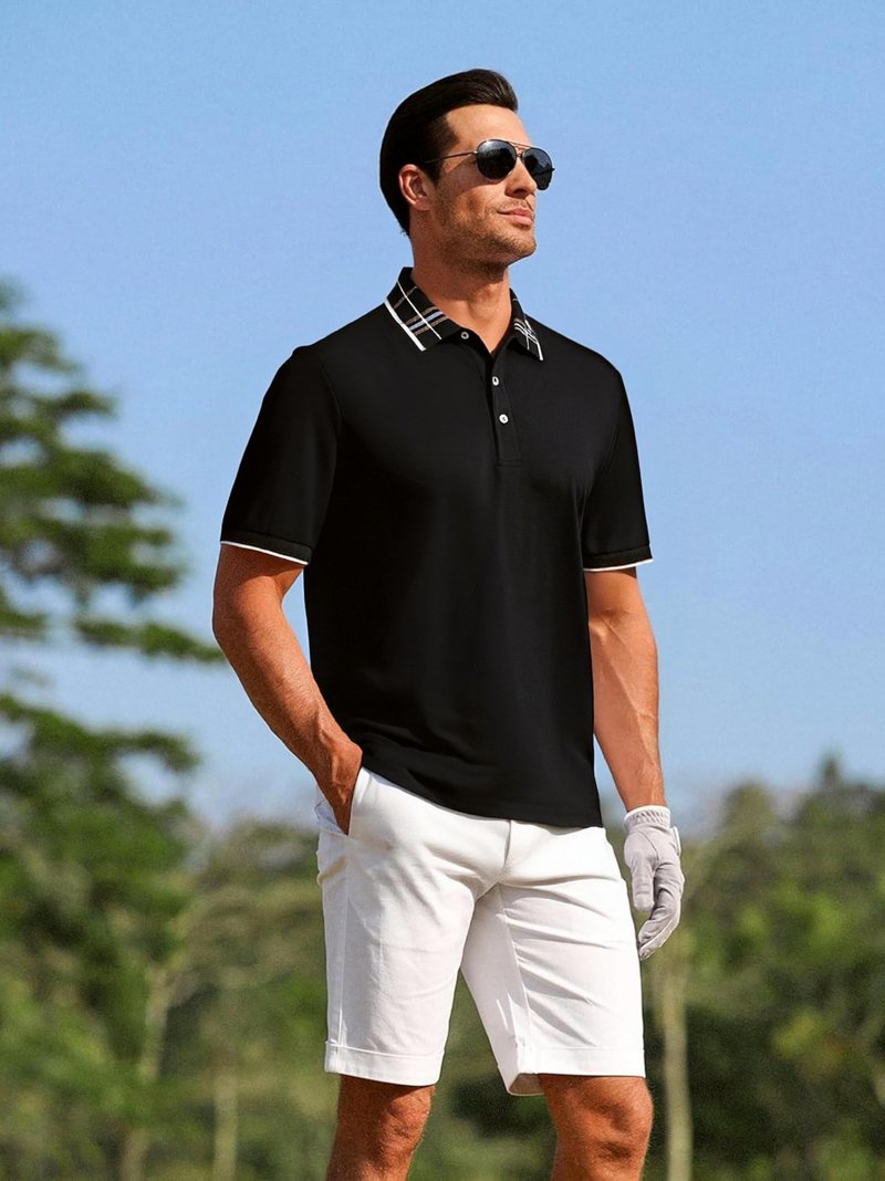 Alex Vando Mens Golf Shirts Moisture Wicking Quick-Dry Short Sleeve Fashion Designed Polo Shirts for Men,Black,M