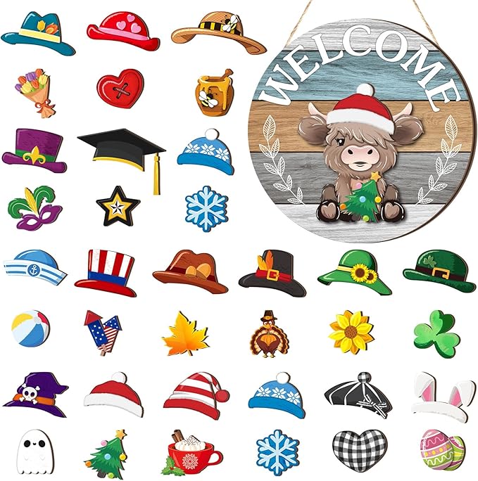 35 Pcs Christmas Interchangeable Highland Cow Welcome Sign Highland Cow Seasonal Wooden Hanging Door Decor Thanksgiving Farmhouse Hanging Sign for Front Door Xmas Party Decoration Gift(Light Blue)