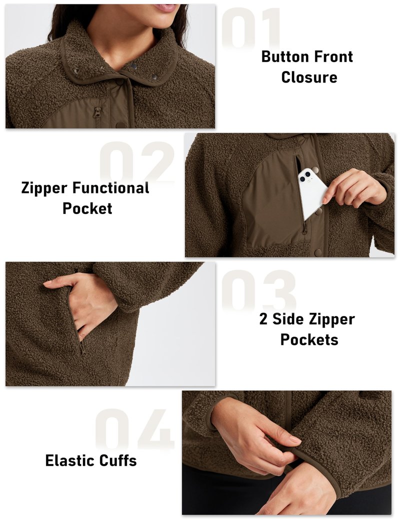 MAGCOMSEN Fuzzy Fleece Jackets Women Button Down Fleece Lined Coat Winter Warm Casual Outwear with Pockets Brown XL