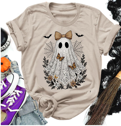 Halloween Shirts for Women Cute Ghost Shirt Vintage Graphic Tees Halloween Shirt Short Sleeve Funny Halloween Shirts (L, Ghost-Khaki)