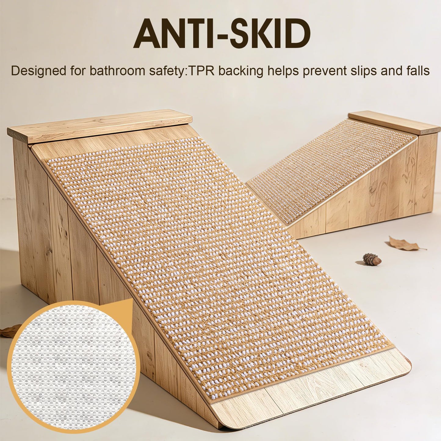 ACCUMTEK Chenille Spliced with Fluffy Cut Pile Absorbent Bath Mat, Thick Plush Bath Rug - Ultra Soft Skin-Friendly, Machine Washable Non-Slip Toilet Mat Set 3 Piece, Beige & White