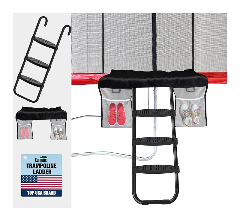 Eurmax USA Universal Trampoline Ladder,240 lbs Capacity,3 Wide Skid-Proof Steps&Shoe Storage Pocket,UV-Resistant Steel Stairs for Kids,Heavy Duty Universal Hook Fit,Trampoline Accessories for Children