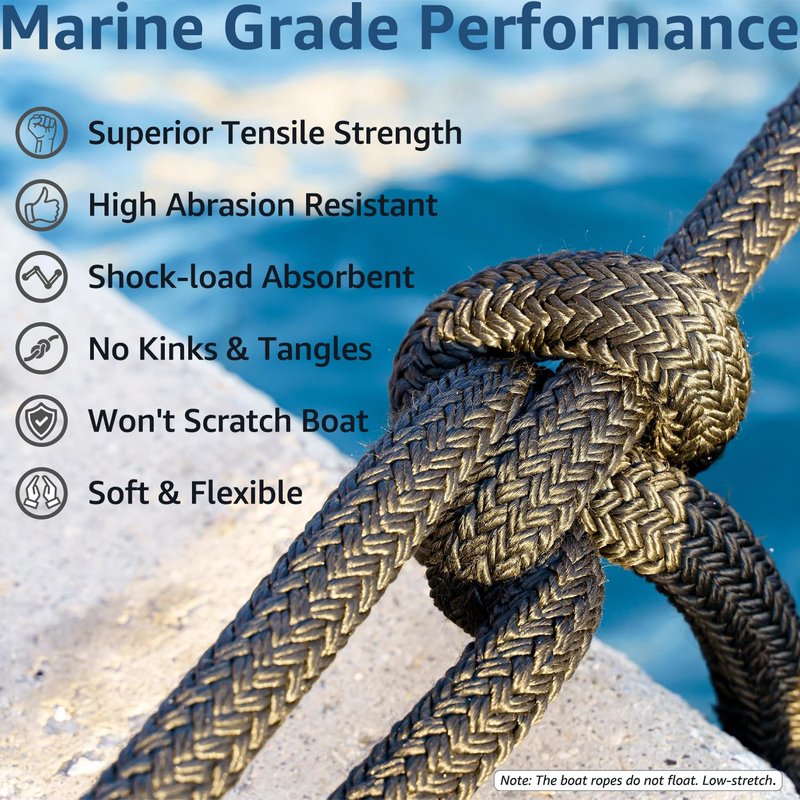 PACTHSD 2 Pack 3/4" x 25' Dock Lines - Marine Grade Nylon Boat Rope with 15" Loop for Docking and Mooring - Double Braided Boat Lines, High Strength, Easy Handling, Fray Resistant - Black