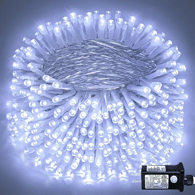 600 LED White Christmas Lights Outdoor 197ft 8 Modes White Christmas String Lights Clear Wire, Plug in Twinkle Fairy Lights for Bedroom Wedding Christmas Tree Decorations