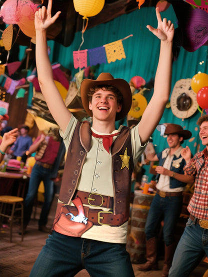 Funny World Men's Western Cowboy Costume T-Shirts, X-Large, Brown