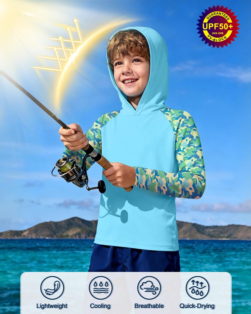 DRONIRING Boys Rash Guard Swim Hoodie, UPF 50+ UV Sun Protection Long Sleeve Fishing Shirt, Kids Youth SPF Water Shirts Crystal Blue