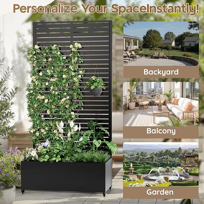 Metal Raised Garden Bed with Trellis & Wheels,72" x 35"x 15.7" Planter Box with Trellis,Privacy Planters for Patio,Garden Bed for Climbing Plants,Suitable for Climbing Plants and Vegetables,Black