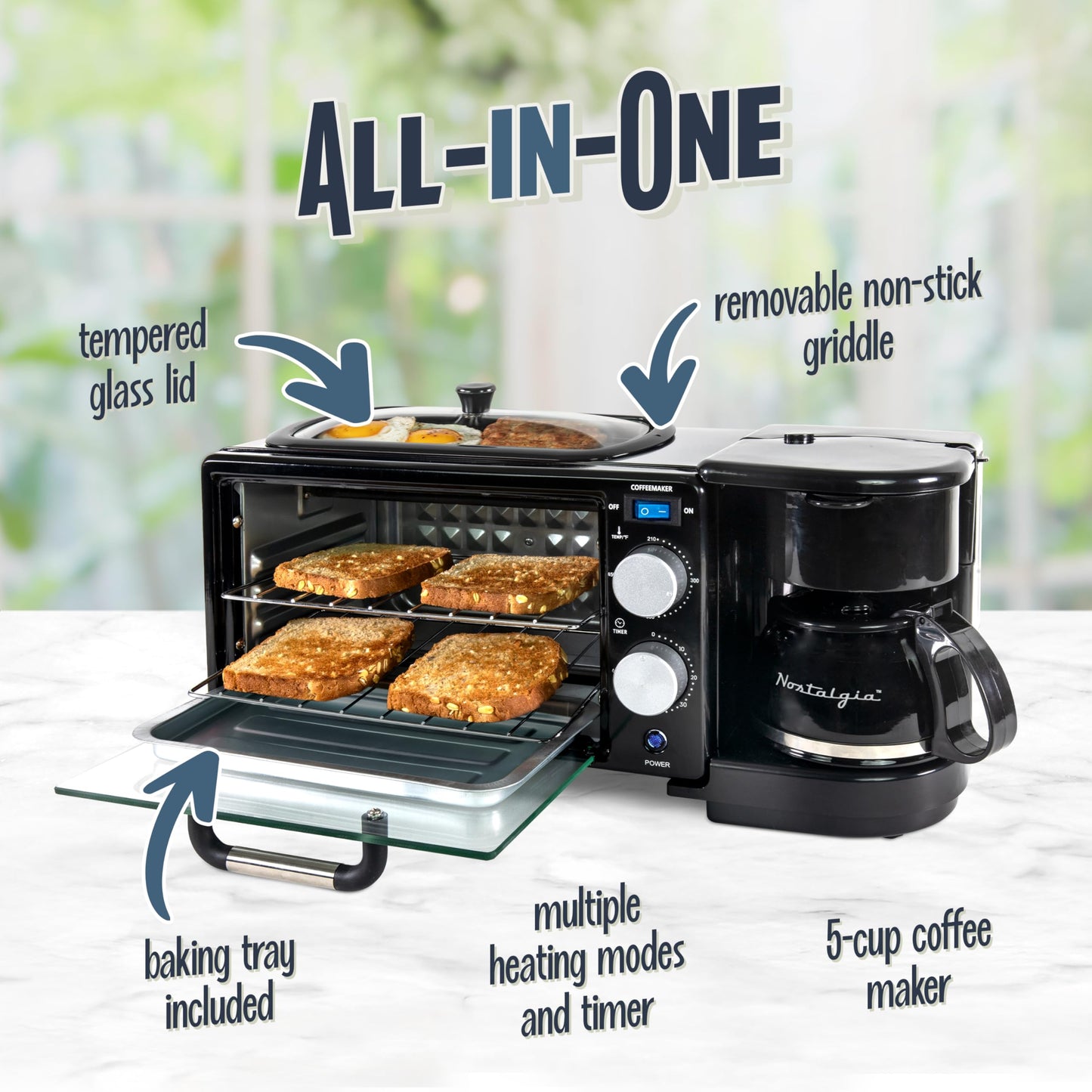 Nostalgia 3-in-1 Breakfast Station - Includes Coffee Maker, Non-Stick Griddle, and 4-Slice Toaster Oven - Versatile Breakfast Maker with Timer - Aqua