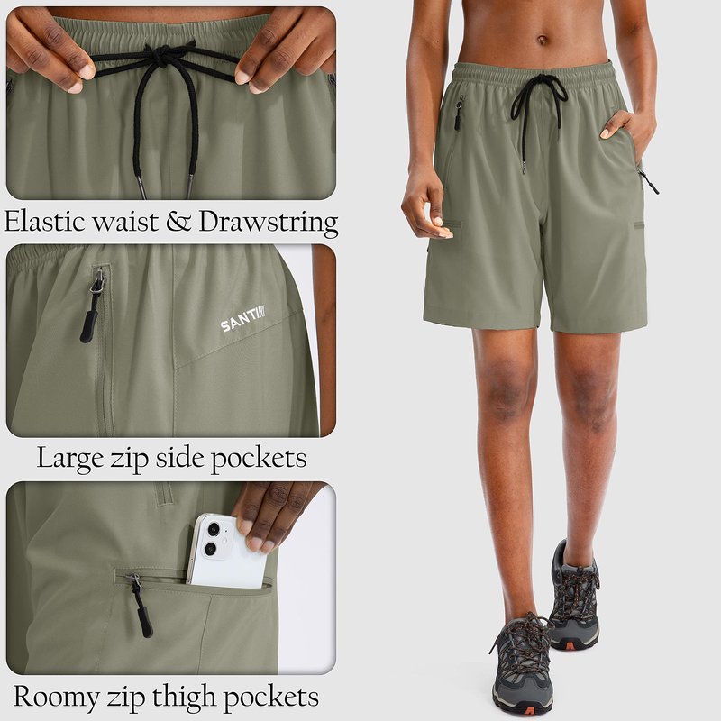 SANTINY Women's 5''/ 7''/9'' Hiking Cargo Shorts Quick Dry Lightweight Summer Shorts for Women Athletic Golf Zipper Pockets(Silver Sage_S)