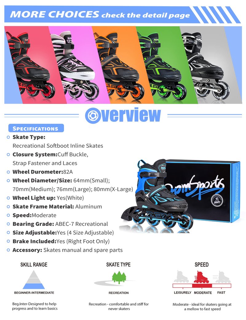 2PM Sports Vinal Boys and Girls Adjustable Flashing Inline Skates, All Wheels Light Up, Fun Illuminating Skates for Kids and Men- Azure Medium(1Y-4Y US)