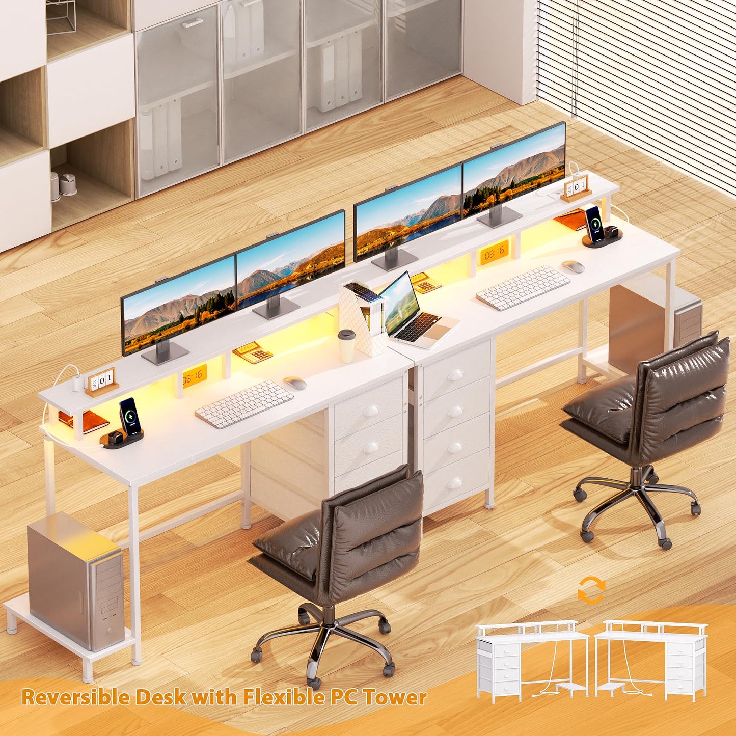 Furologee 47 Inch Computer Desk Gaming with 4 Fabric Drawers with Power Outlets and LED Lights for Home Office with Full Monitor Stand and Shelf Study Table for Small Spaces White