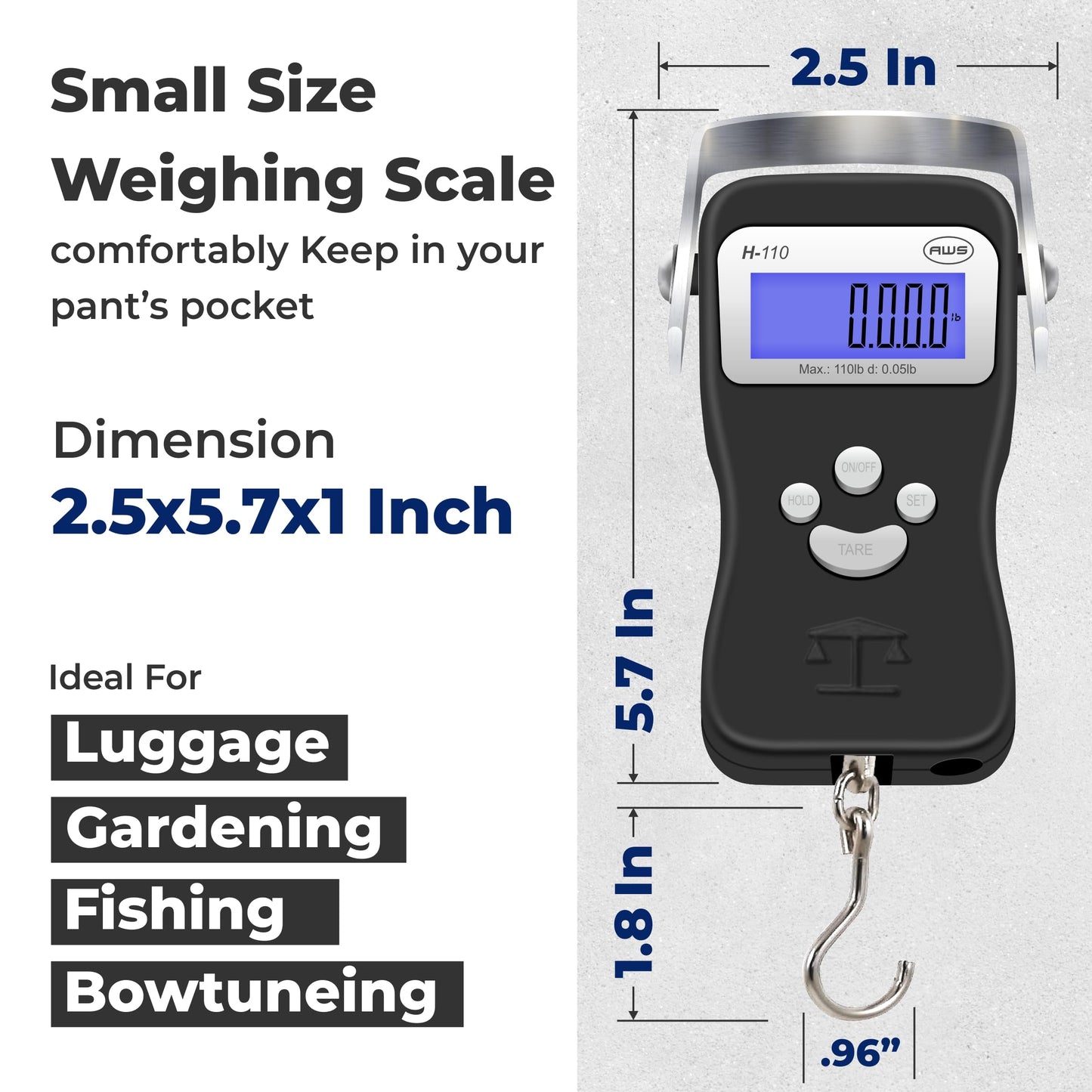 AWS Digital Luggage Scale, Fish Weighing Scale, Hanging Scale 110lb/50kg – Die-Cast Metal Construction, Built-in Tape Measure, Hook & Handle – for Travel, Fishing, Archery, Hunting, Outdoor (Black)