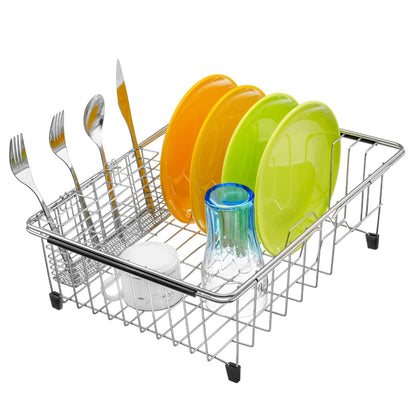 iPEGTOP Expandable Multifunctional Dish Drying Rack, Rustproof Stainless Over Sink Dish Drainer Rack Basket Shelf, Dish Drainer in Sink or On Counter Organizer with Utensil Cutlery Holder