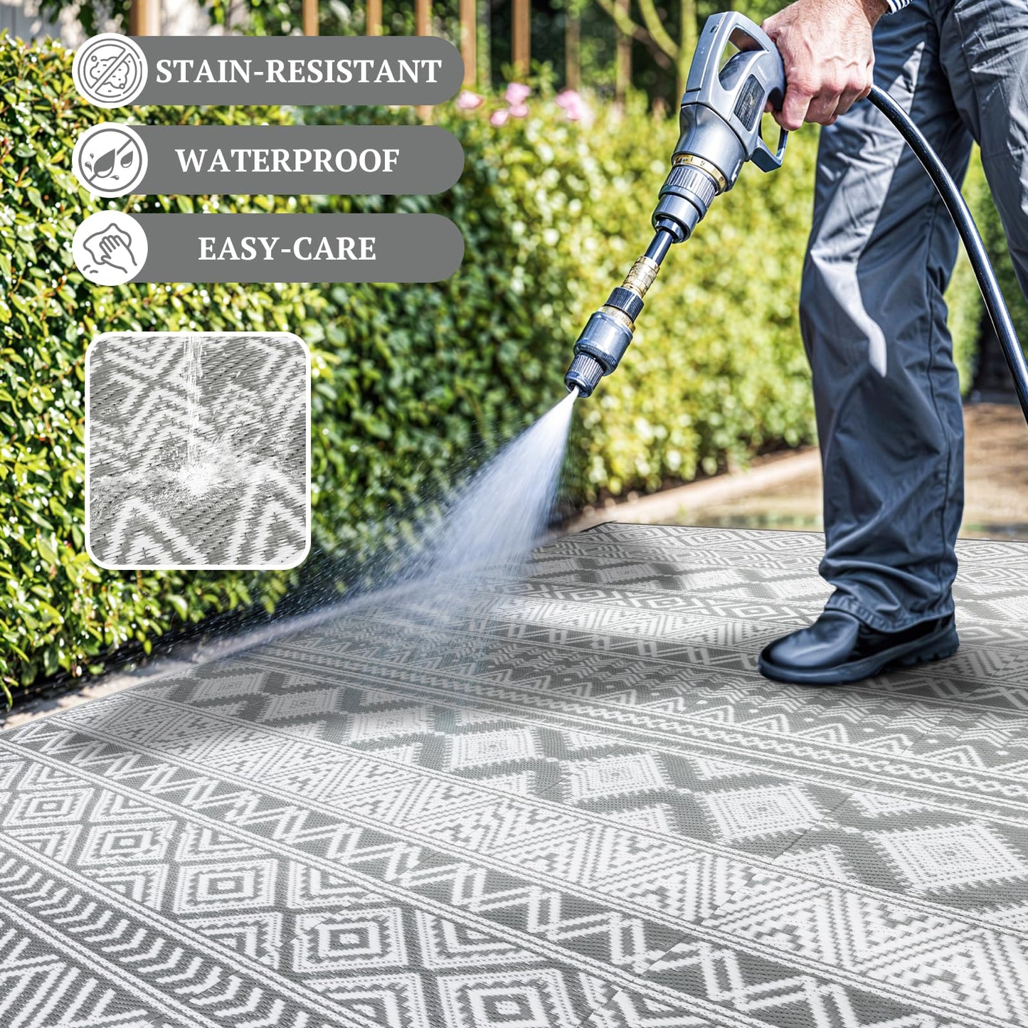 Waterproof Outdoor Rug 8x10 ft, Reversible Plastic Straw Patio Camping Rugs, Outdoor Indoor RV Mat Carpet for Patio, Outside Entry, Backyard, Deck, Bench, Picnic, Camper(8x10,Gray&White)