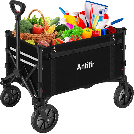 Antifir Collapsible Wagon Carts,Folding Wagon Cart with All Terrain Wheels,Heavy Duty Garden Carts with Adjustable Handle,Outdoor Utility Wagon for Camping Shopping Sports Fishing (Black)