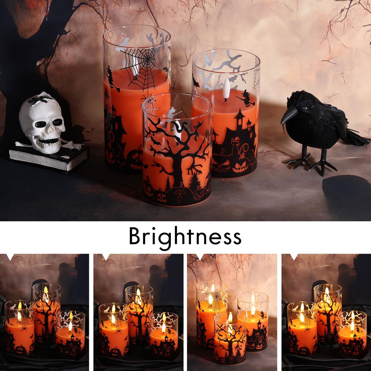Eywamage Orange Halloween Glass Flameless Candles with Remote, Real Wax Flickering LED Pillar Candles Set of 3