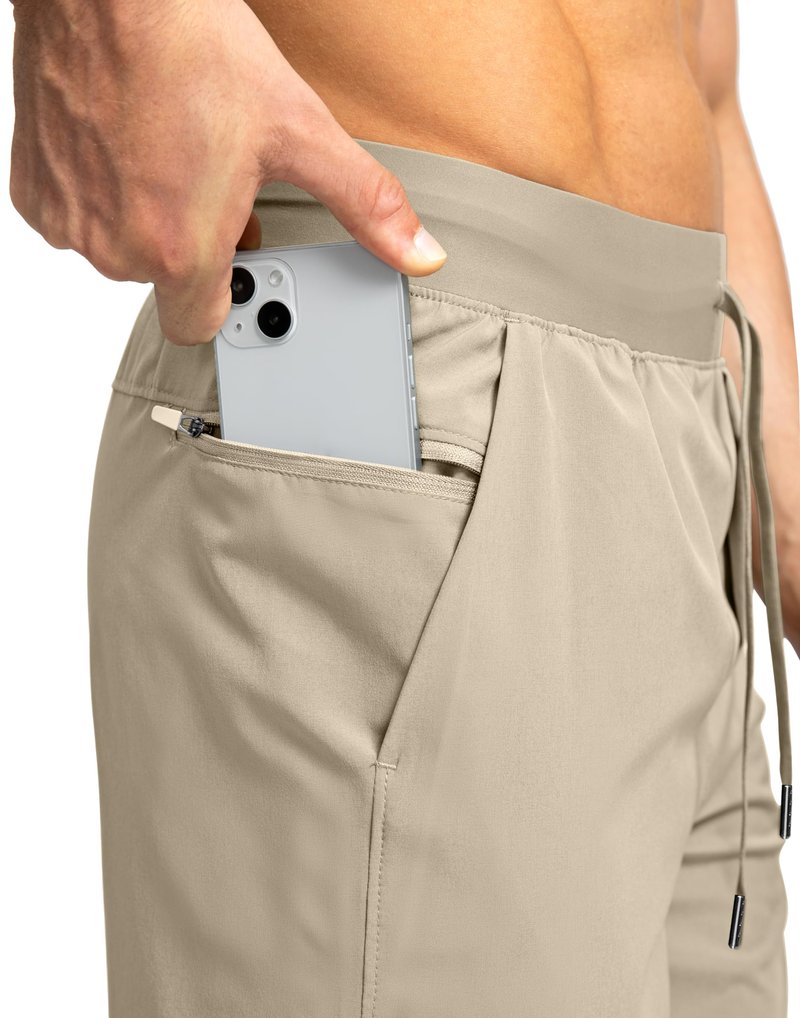 Soothfeel Men's Running Shorts with Zipper Pockets 7 Inch Lightweight Quick Dry Gym Athletic Workout Shorts for Men (Khaki, 3XL)