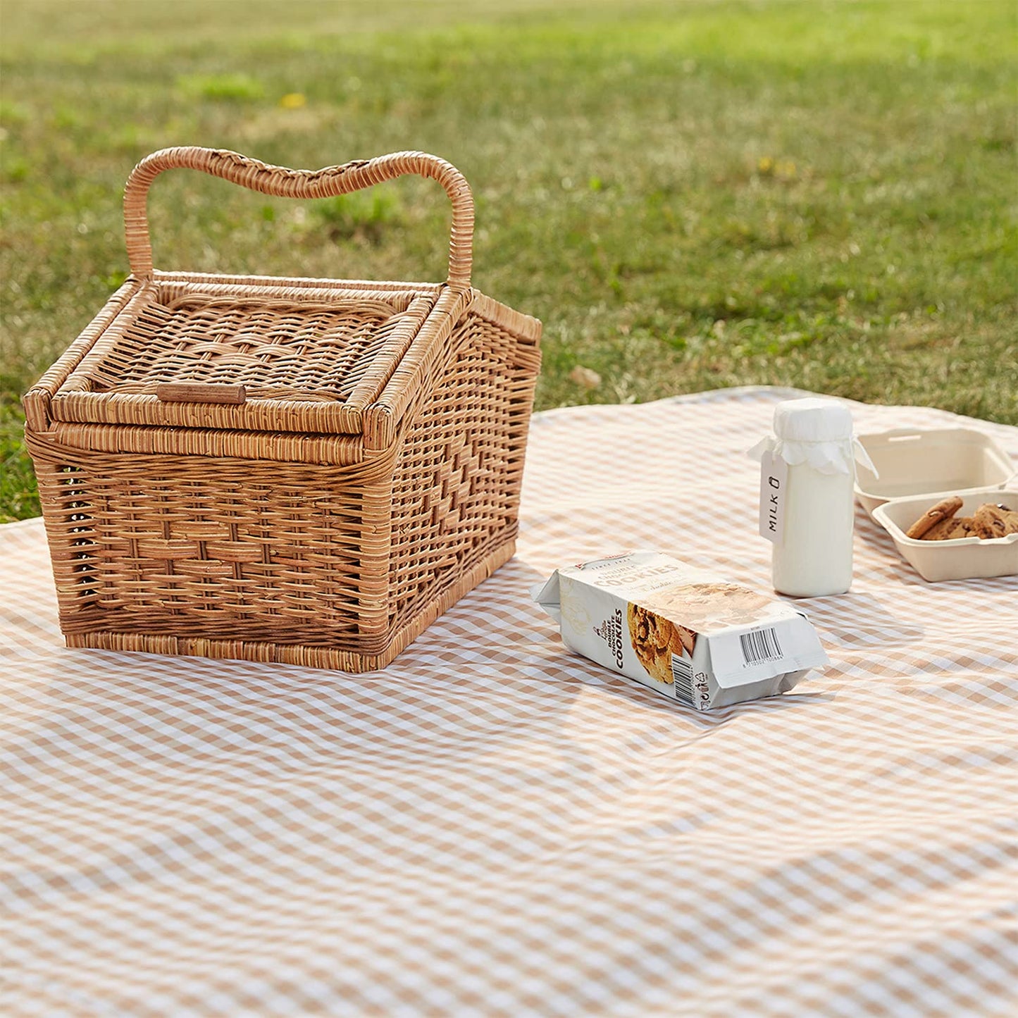 Beyond Thursday Cute Gingham Picnic Blanket, Waterproof Foldable, in Large 80x60in and Extra Large 80x80in, Portable Compact Beach Blanket, Oversized XL Outdoor Mat (Tan, X-Large)