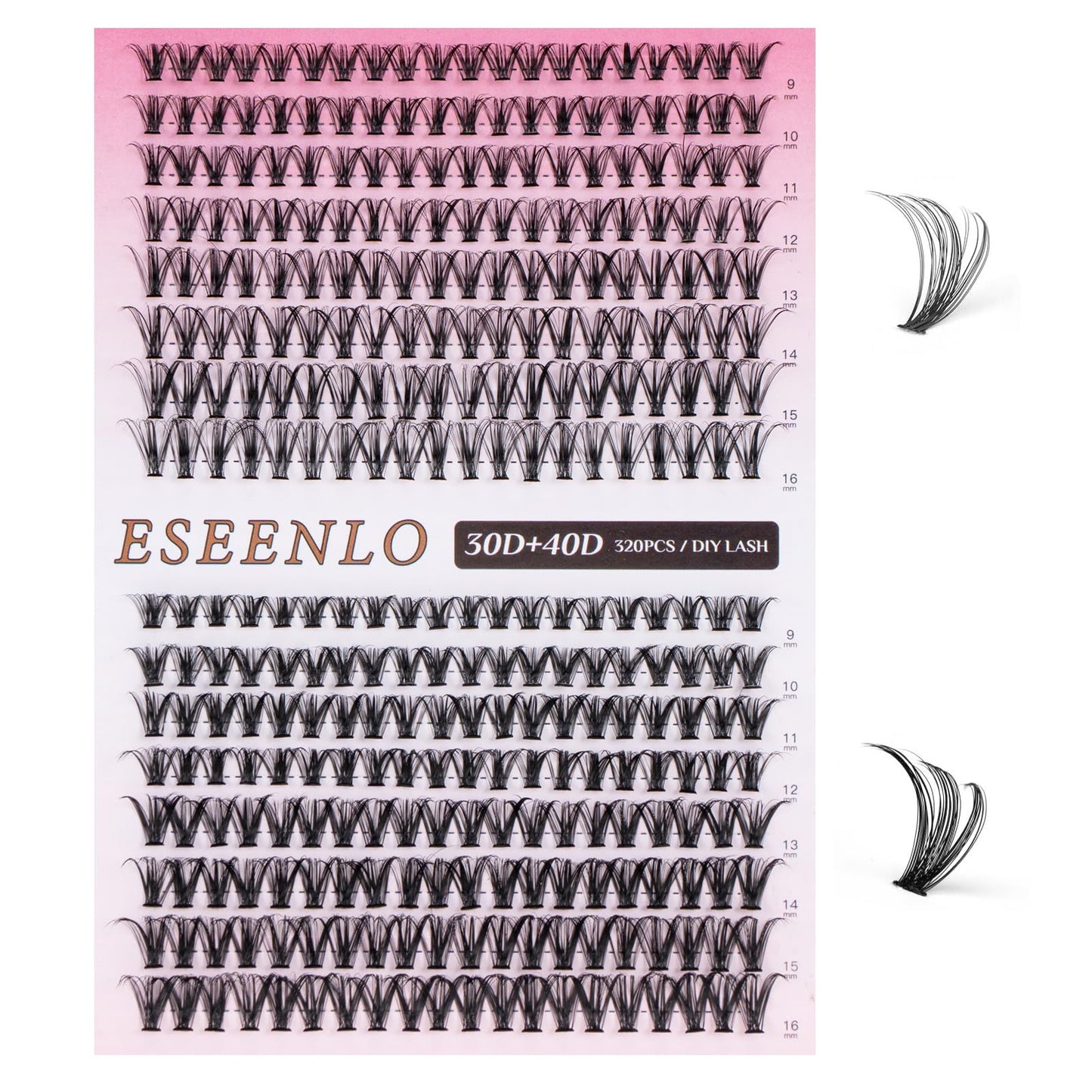 ESEENLO Lash Extension Kit, 320pcs DIY Eyelash Extension Kit 9-16mm Mix, 30D 40D Curl Individual Lash Clusters with Bond, Seal, Remover and Tweezers