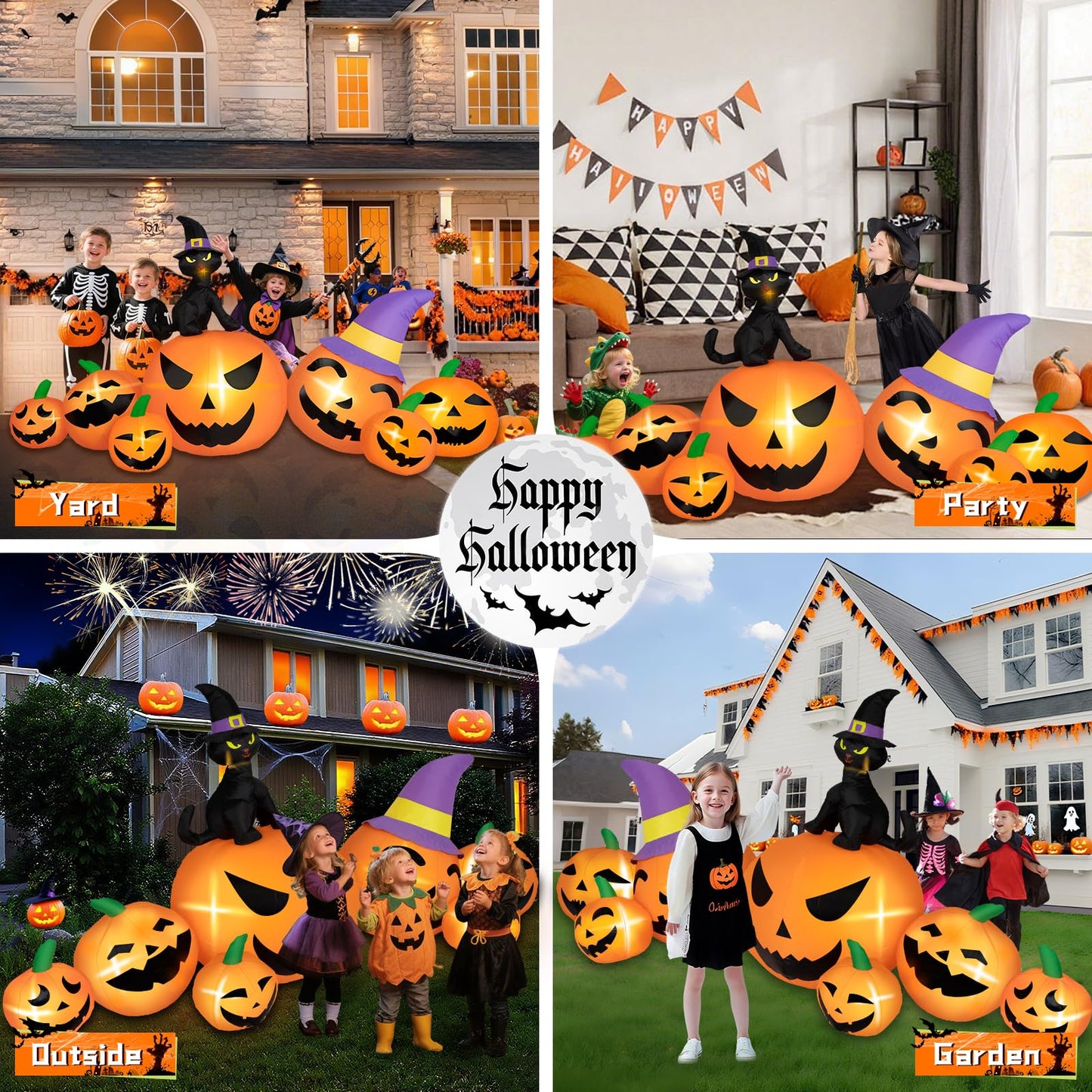 BRDJade 8FT Long Halloween Inflatables Pumpkin Outdoor Decorations, 7 Blow Up Pumpkins Inflatables with Witch Hat & Black Cat Built-in LED Lights for Halloween Party Yard Garden Lawn Decorations