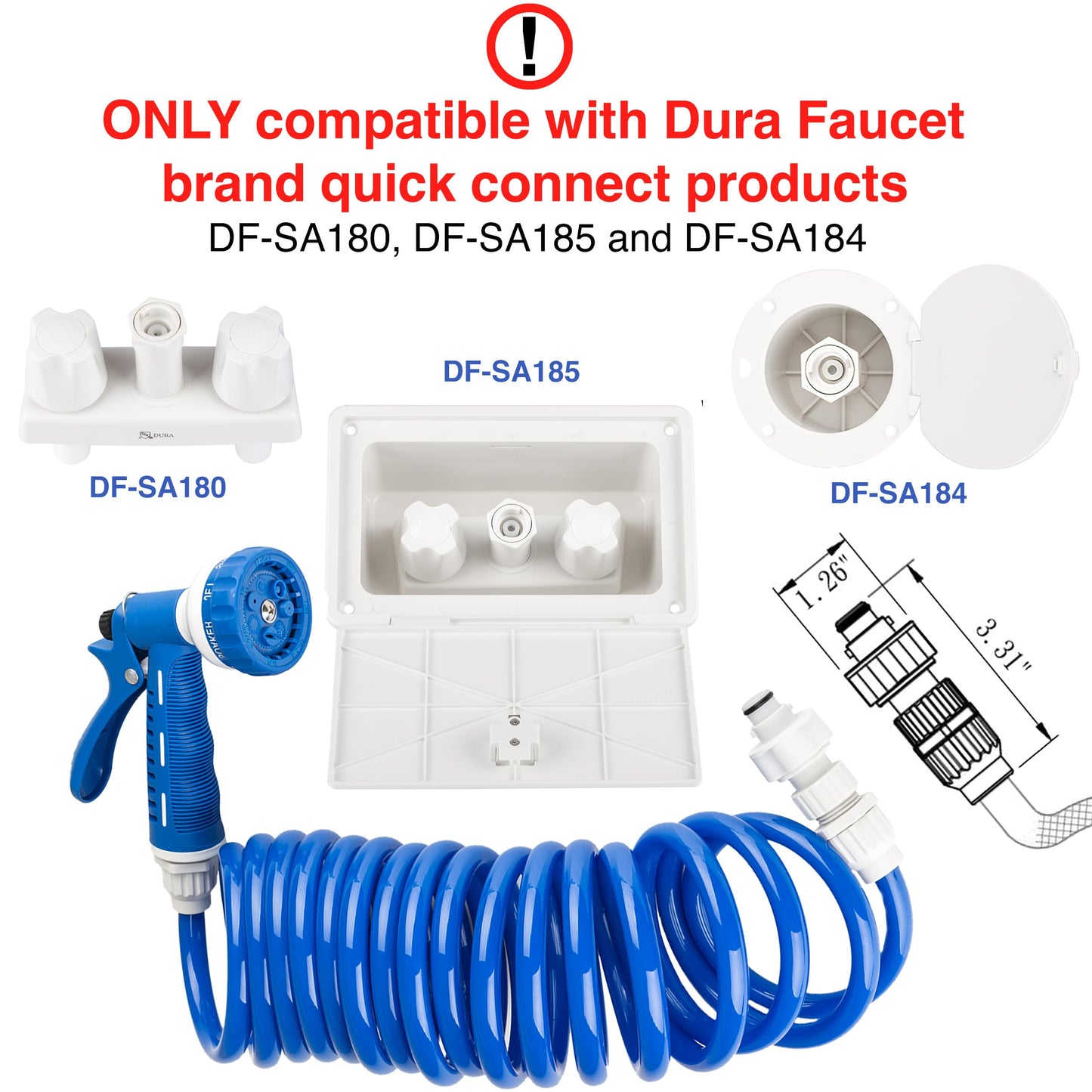 Dura Faucet DF-SA187-WT RV Exterior Quick Connect Sprayer with 7 Spray Settings and Coiled Hose Kit (Blue)