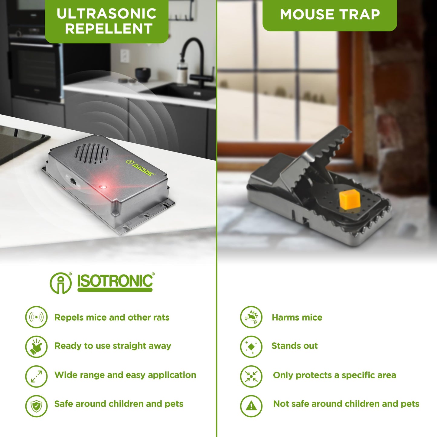 ISOTRONIC Mice Repeller, 2 pieces deterrent to protect you house, garden and car, scarer for mouse, rat, rodents