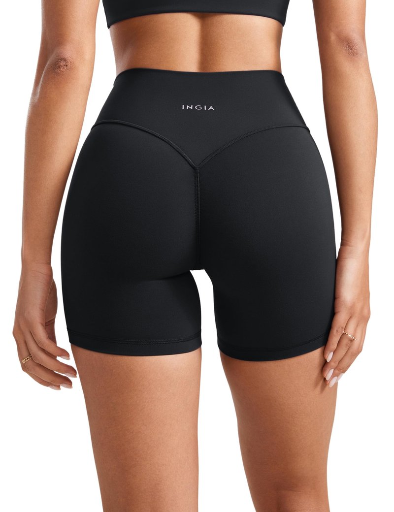 INGIA Womens High Waist No Front Seam Scrunch Butt Biker Shorts 5 Inches V-Back Scrunch Booty Gym Workouts Black Small