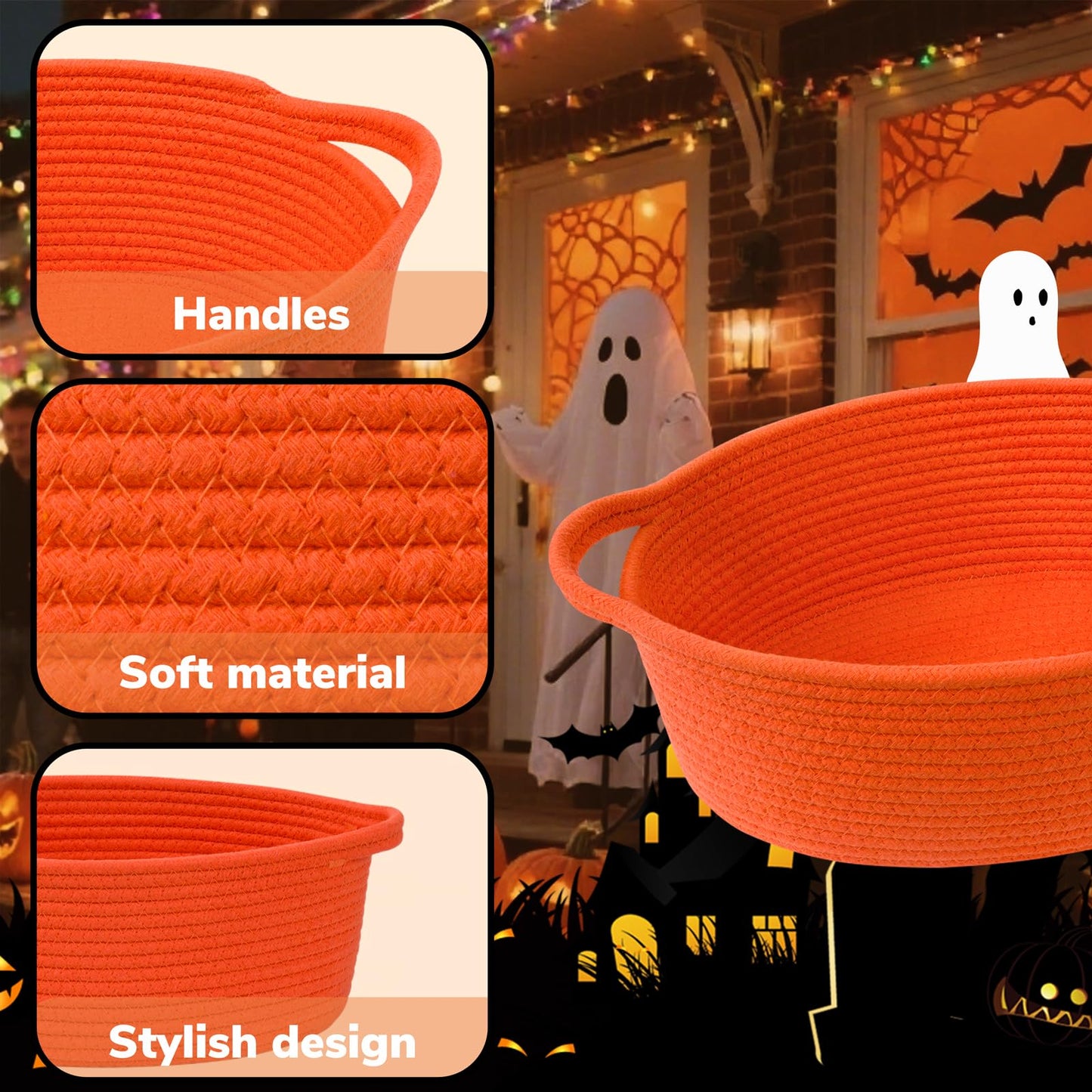 CHICVITA Halloween Basket for Gifts, Boo Basket for Gift Empty, Rope Decorative Baskets with Gift Bags & Ribbon for Baby Girl, 12"x 8"x 5"