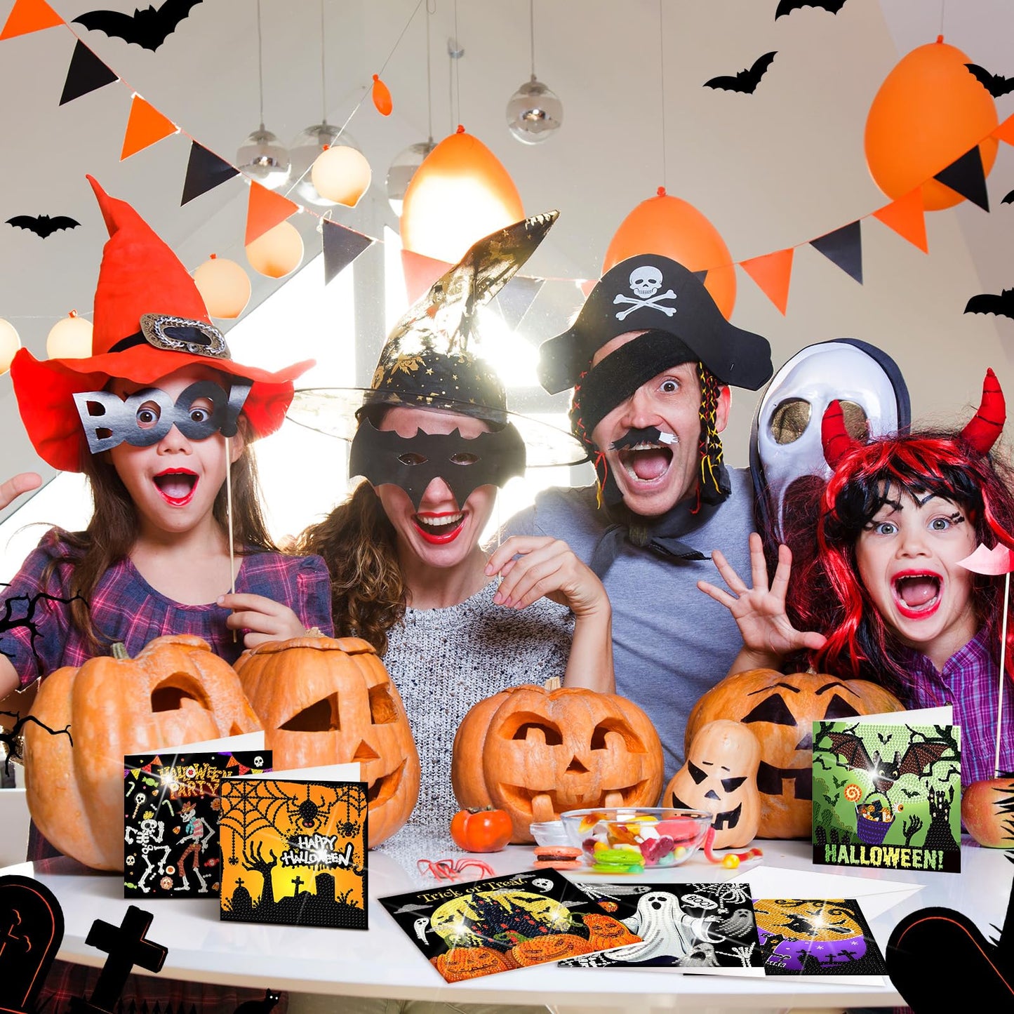 Saillong 12 Pack Halloween Diamond Painting Greeting Card Kits DIY Diamond Art Cards with Envelopes Bat Black Cat Pumpkin 5D Rhinestones Painting for Adults DIY Craft Family Friend Halloween Gifts