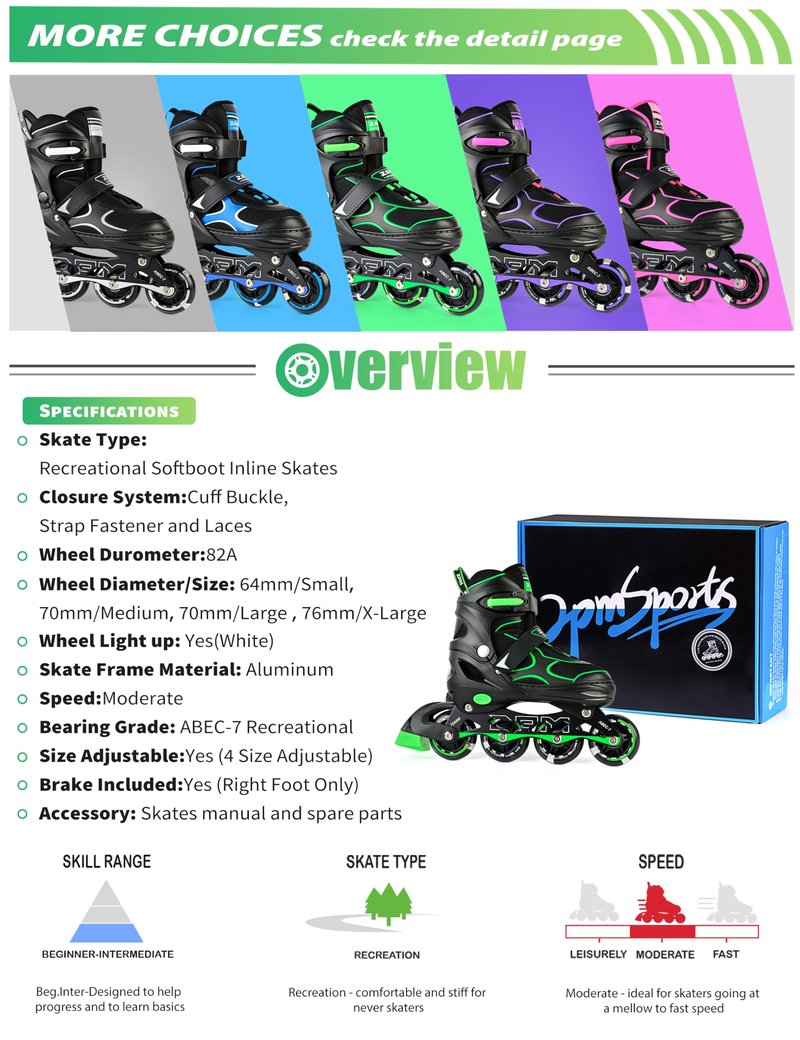 2PM SPORTS Inline Skates for Kids Girls Boys Ages 4-8 8-12 4-7 7-12 10-14 with Light Up Wheels, Adjustable Kids Roller Skates Blades for Adults Men Women Beginners Youths Green, Size Large
