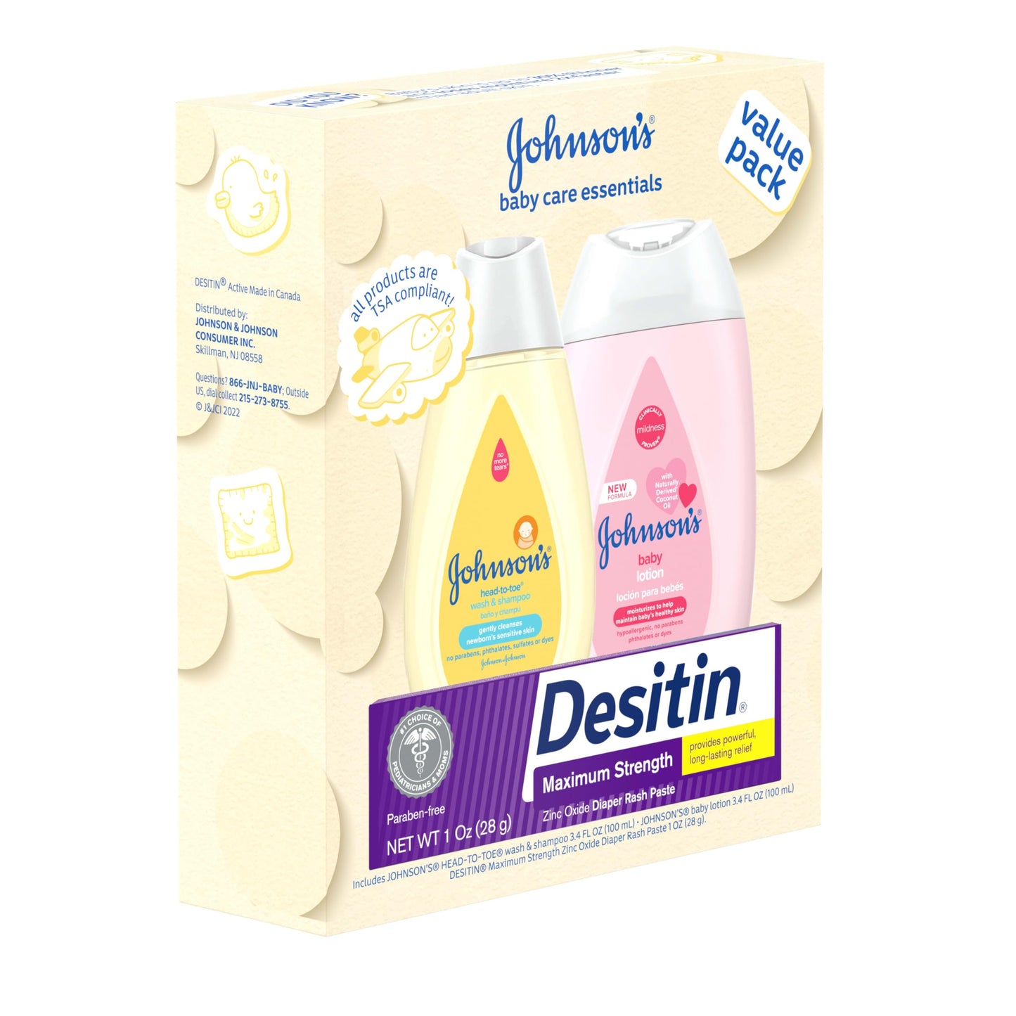 Johnson's Baby Care Essentials Gift Set, Body Lotion, & Zinc Oxide Diaper Rash Paste for Baby's Delicate Skin, Value Pack, Travel-Size, Bath Essentials Must Haves, Baby Gifts, 3 Items