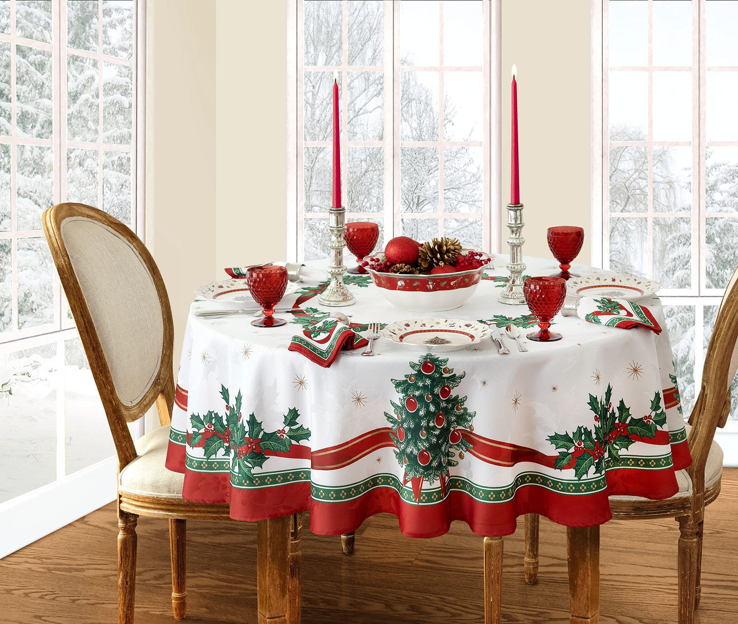 Elrene Home Fashions Villeroy & Boch Toy's Delight Christmas Fabric Tablecloth, Holiday Table Decor, 70" Round