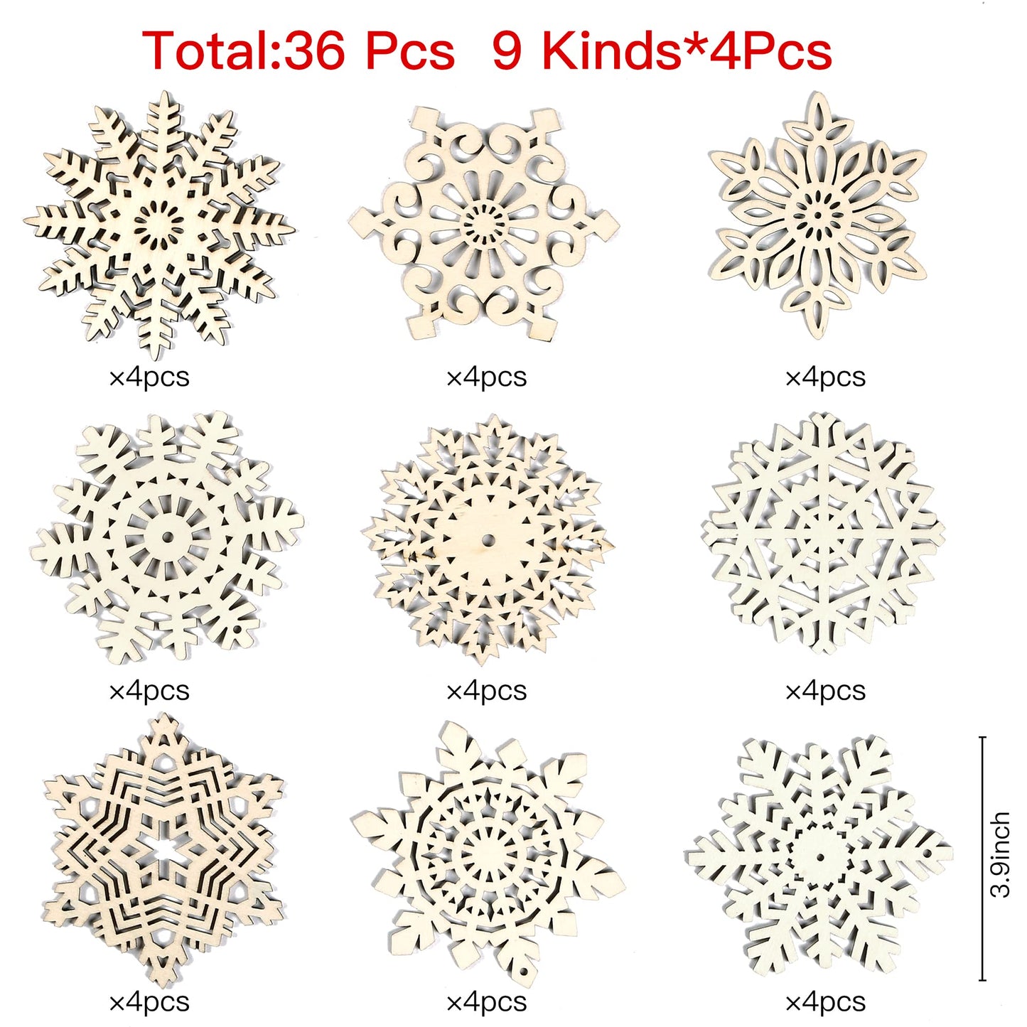 Sggvecsy Unfinished Wooden Snowflakes Ornaments, 36Pcs Christmas Tree Hanging Decoration Wood Cutouts DIY Craft Snowflake Shaped Embellishments Xmas Rustic Crafts with Twine (4 inch)