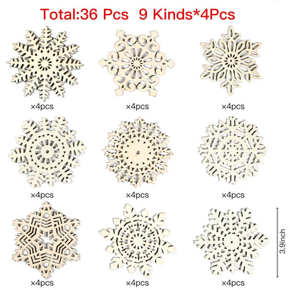Sggvecsy Unfinished Wooden Snowflakes Ornaments, 36Pcs Christmas Tree Hanging Decoration Wood Cutouts DIY Craft Snowflake Shaped Embellishments Xmas Rustic Crafts with Twine (4 inch)